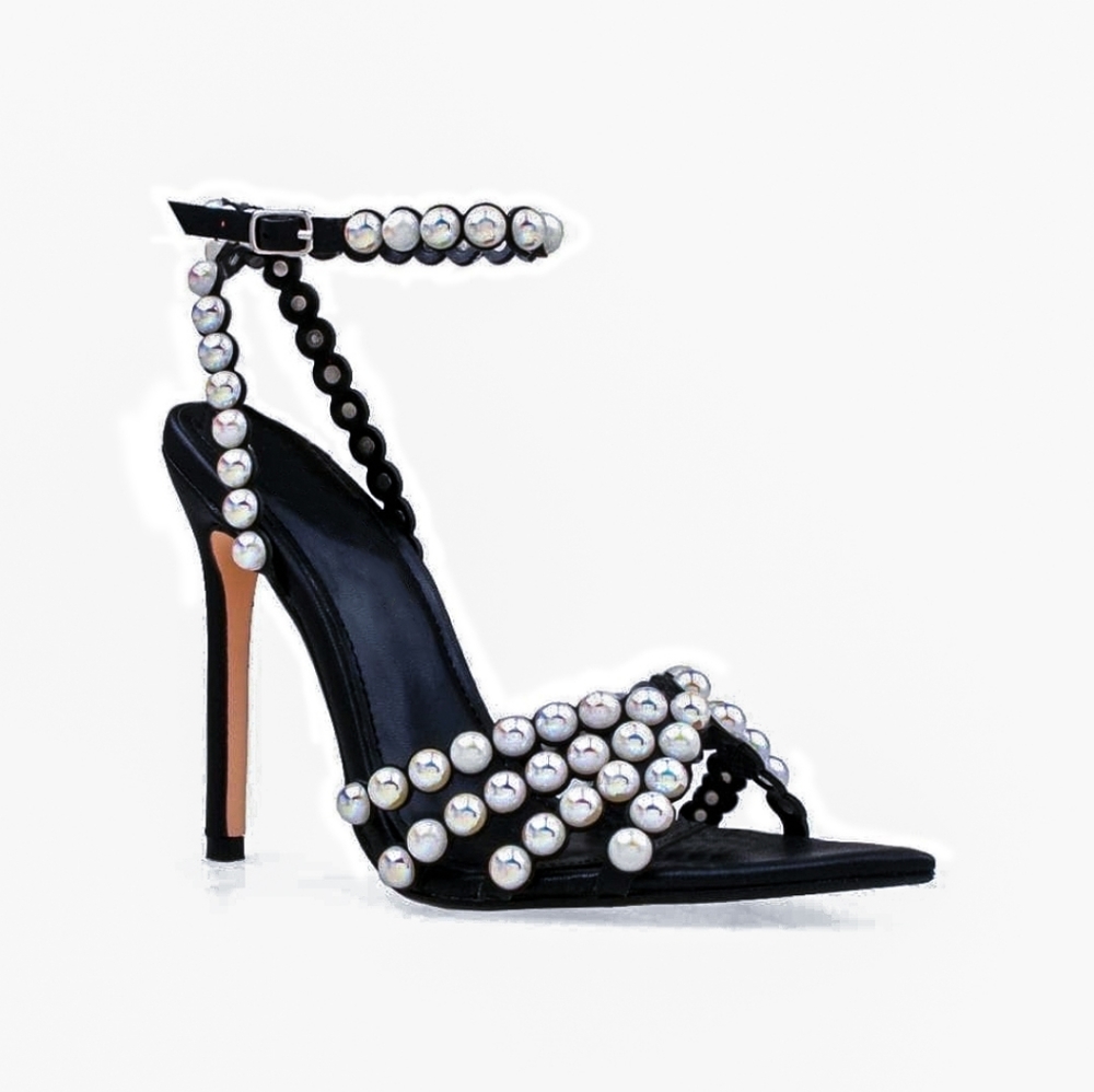 Privileged black open toe heels with iridescent pearl detail.